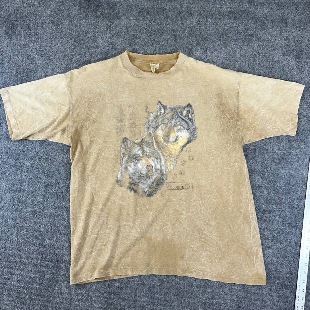 Vintage Prairie Mountain Wolf‎ T Shirt Wisconsin Dells Tan Acid Wash Distressed